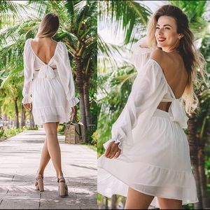 Exlura White Tie Back Long Lantern Sleeve Square Neck Ruffle Mini Dress